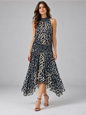 A.L.C. Midi Dress Silk Leopard Smocked Waist 2 Designer Halter